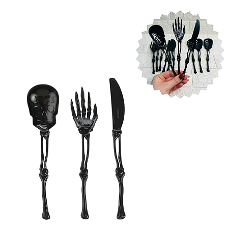 Talheres Esqueleto Preto Pt c/12 un Halloween Cromus 29012221
