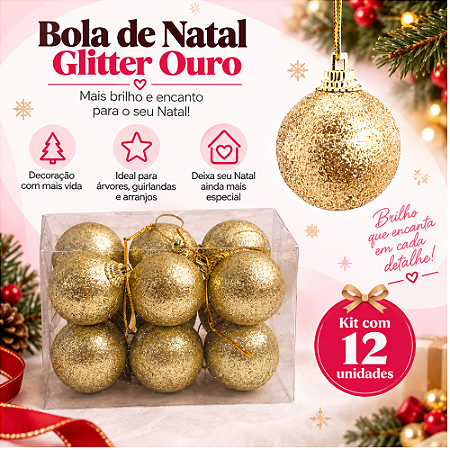Bola Glitter Ouro 4cm Jogo Com 12 Peças Natal Cromus 1921464