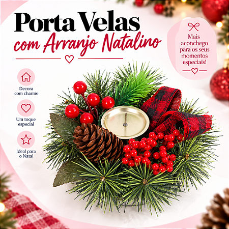 Porta Vela Com Aarranjo Verde/Vermelho/Marrom 15cm C/1un Natal Cromus 1043328