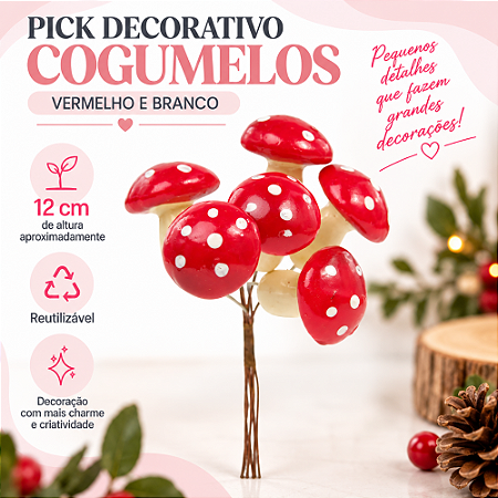 Pick Cogumelos Vermelho E Branco 12cm C/1un Natal Cromus 1046812