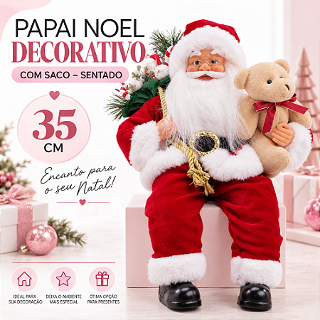 Papai Noel Decorativo Sentado Saco De Presente Vermelho/Branco 35cm C/1un Natal Cromus 1004396