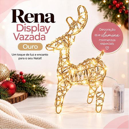 Decoração Rena Display Vazada Ouro 12cmx5cmx23cm 2AA C/1un Natal Cromus 3109537