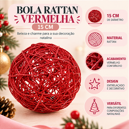 Bola Rattan Vermelho 15cm C/1un Natal Cromus 1010078