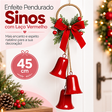 Enfeite Pendurar Sinos Com Laço Vermelho 45cm C/1un Natal Cromus 1097876