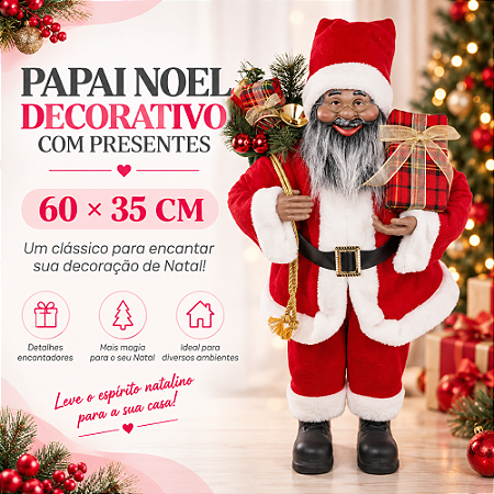 Decoração Natal Papai Noel Em Pé Presente Vermelho/Marrom 60cm C/1un Cromus 1049914