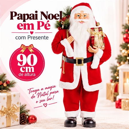 Decoração Papai Noel Em Pé Segurando Presente Vermelho 90cm C/1un Natal Cromus 1690024
