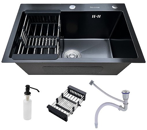Cuba Pia Inox Preta Quadrada Cozinha Gourmet 60cm com Acessórios