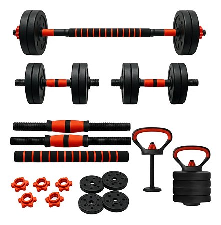 Kit Treino 6 Em 1 Musculação Halteres Kettlebell Barra 10kg