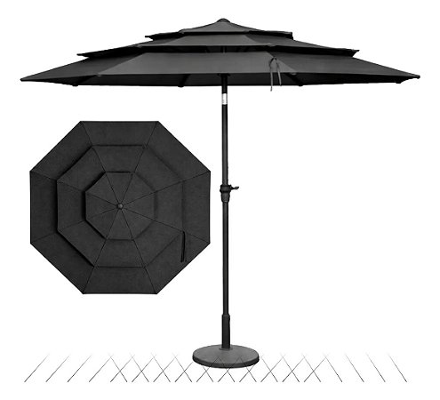 Kit Ombrelone 2,70m 3 Camadas Jardim Piscina Com Base 12kg Cinza Escuro