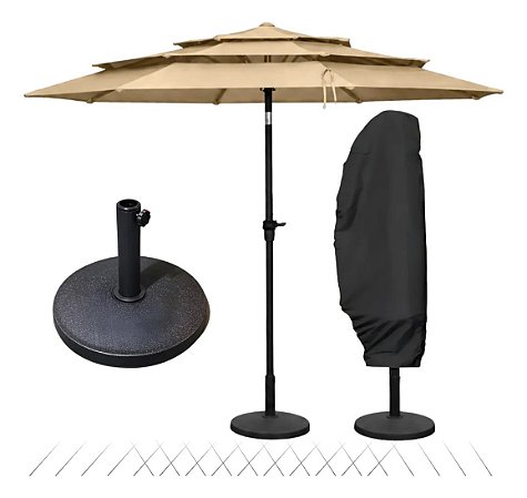 Kit Ombrelone 2,70m 3 Camadas com Base 12kg e Capa Bege Jardim Piscina