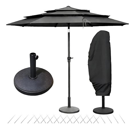 Kit Ombrelone 2,70m 3 camadas Cinza Escuro com Base 12kg e Capa Jardim Piscina