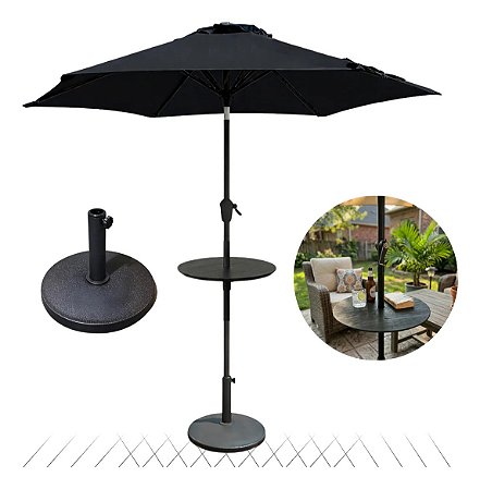 Ombrelone 2,30m Guarda Sol Com Mesa E Base Jardim Piscina Preto