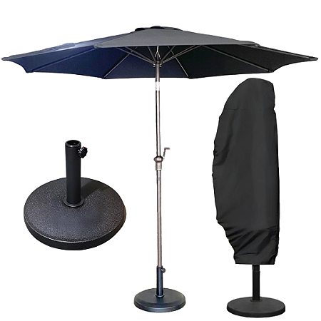 Kit Ombrelone 3m Jardim Piscina com Base 12kg e Capa UV Premium Preto