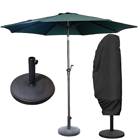 Kit Ombrelone 3m Jardim Piscina com Base 12kg e Capa UV Premium Verde Escuro