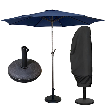 Kit Ombrelone 3m Jardim Piscina com Base 12kg e Capa UV Premium Azul Escuro