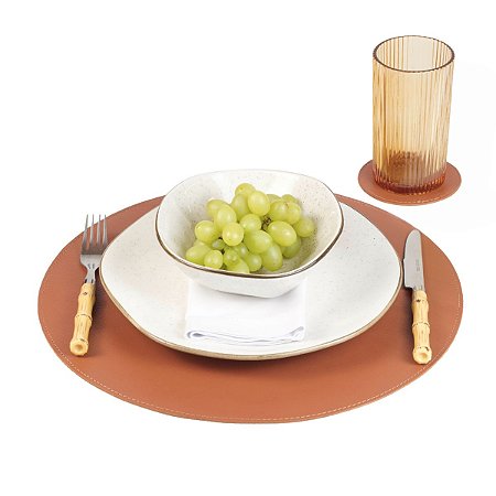 Jogo Americano Redondo Couro Terracota | base prato e copo