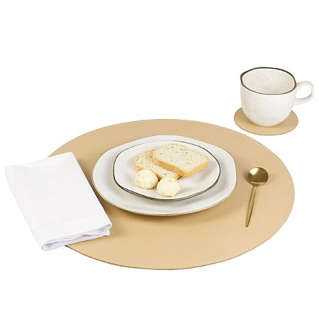 Jogo Americano Redondo Couro Bege | base prato e copo