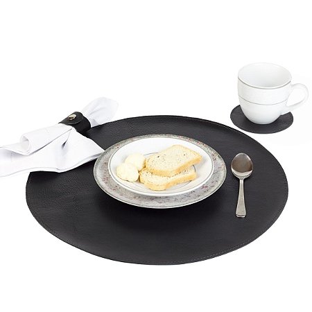 Jogo Americano Redondo Couro Preto | base prato e copo