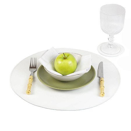 Jogo Americano Redondo Couro Branco | base prato e copo