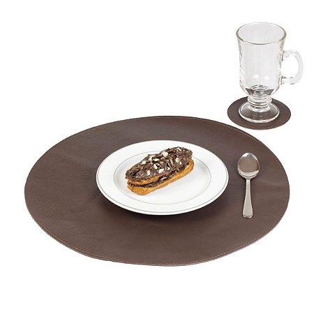 Jogo Americano Redondo Couro Café | base prato e copo