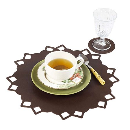 Jogo Americano Floral Couro Café | base prato e copo
