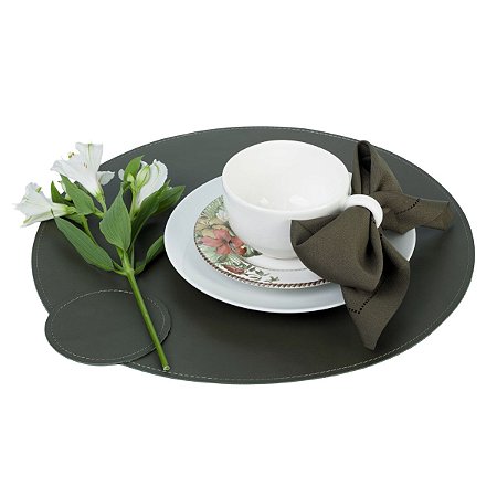 Jogo Americano Couro Verde Oliva Redondo | base prato e copo