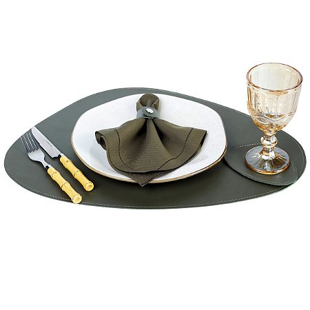 Jogo Americano Orgânico Couro Verde Oliva | base prato e copo