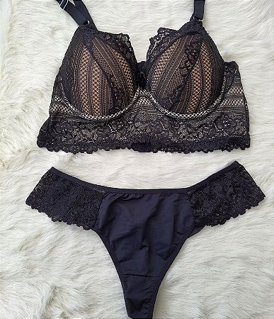 Lingerie conjunto de sutiã e calcinha renda preto e bege