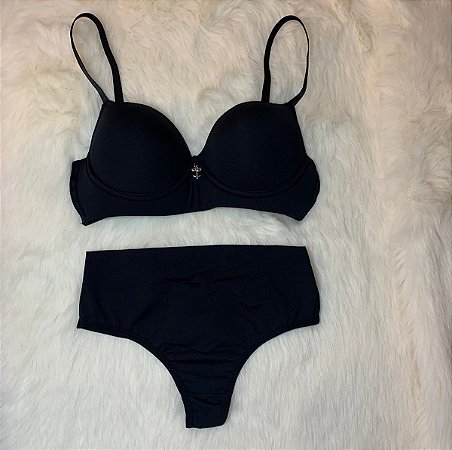 Lingerie conjunto de sutiã e calcinha Preto sem renda com pingente