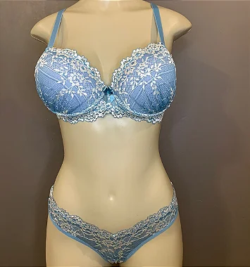 Lingerie conjunto de sutiã e calcinha renda azul e branco com bojo e aro