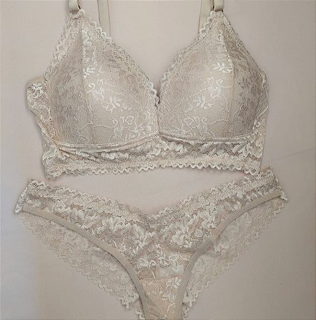 Lingerie conjunto de sutiã e calcinha renda bege com bojo sem aro