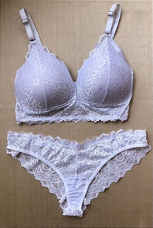 Lingerie conjunto de sutiã e calcinha renda branca com bojo sem aro