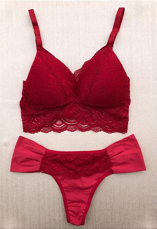 Lingerie conjunto de sutiã e calcinha renda vermelha com bojo sem aro