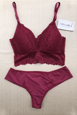 Lingerie conjunto de sutiã e calcinha renda vinho com bojo sem aro