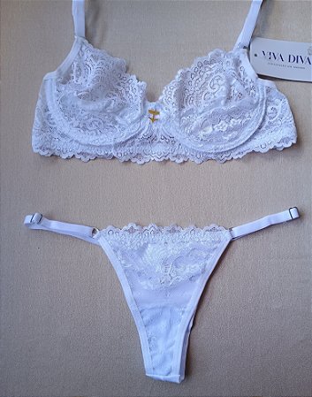 Lingerie conjunto de sutiã e calcinha renda branca sem bojo com aro