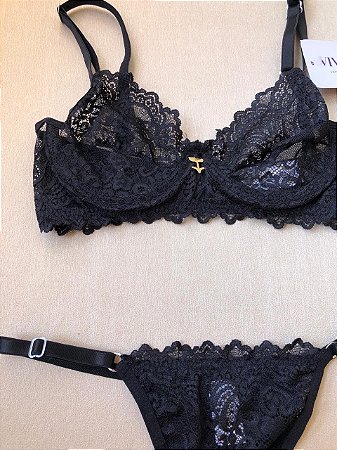 Lingerie conjunto de sutiã e calcinha renda preta sem bojo com aro
