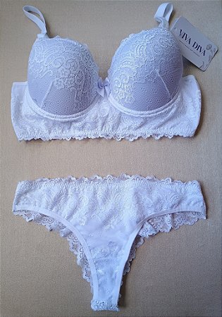 Lingerie conjunto de sutiã e calcinha renda branca com bojo e aro