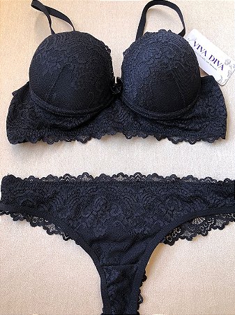 Lingerie conjunto de sutiã e calcinha renda preta com bojo e aro