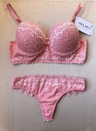 Lingerie conjunto de sutiã e calcinha renda rosa romance com bojo e aro
