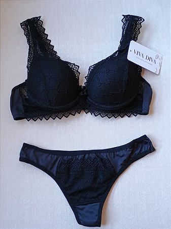Lingerie conjunto de sutiã e calcinha renda preta com bojo e aro