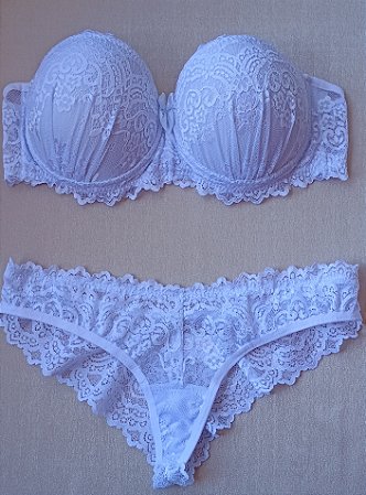 Lingerie conjunto de sutiã e calcinha meia taça renda branca com bojo e aro