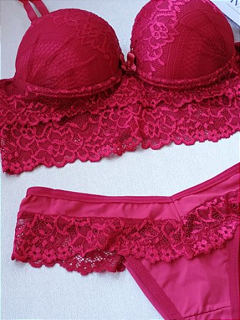 Lingerie conjunto de sutiã e calcinha renda vermelha com bojo e aro