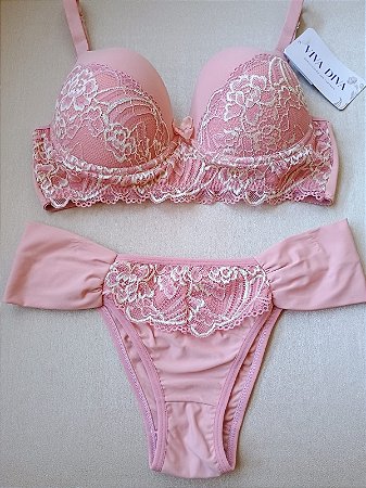 Lingerie conjunto de sutiã e calcinha rosa com bege com bojo e aro