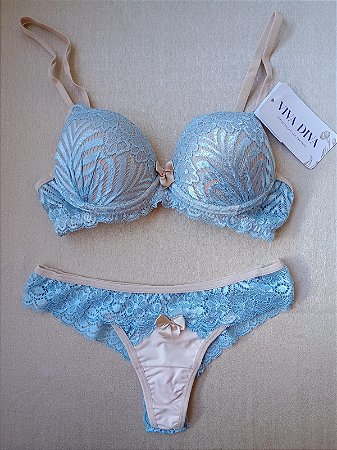 Lingerie conjunto de sutiã e calcinha renda azul claro com bojo e aro