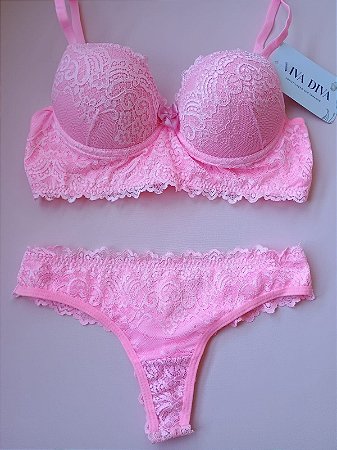Lingerie conjunto de sutiã e calcinha renda rosa com bojo e aro