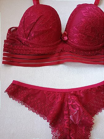Lingerie conjunto de sutiã e calcinha renda vermelha com bojo e aro