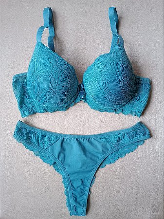 Lingerie conjunto de sutiã e calcinha renda turquesa com bojo e aro