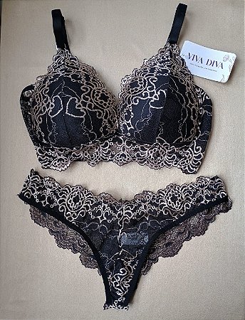 Lingerie conjunto de sutiã e calcinha renda preta com detalhes em bege com bojo sem aro
