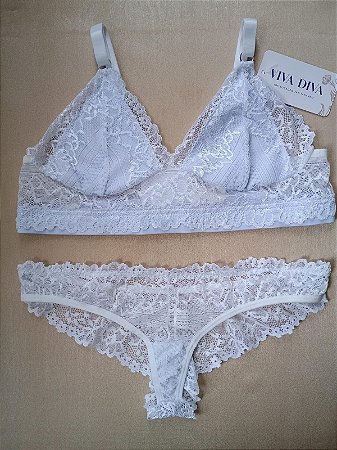 Lingerie conjunto de sutiã e calcinha renda branca sem bojo e sem aro