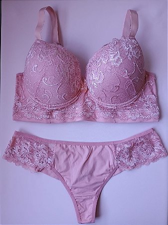 Lingerie conjunto de sutiã e calcinha plus size rosa romance com bojo e aro